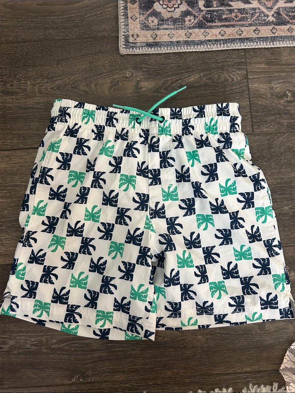 Old Navy White Swim Shorts with Navy & Teal Leaf Print